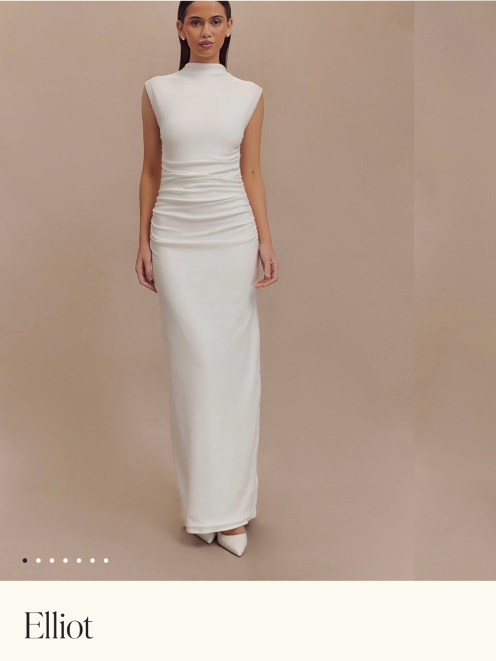 Meshki White High-Neck Ruched Maxi Dress